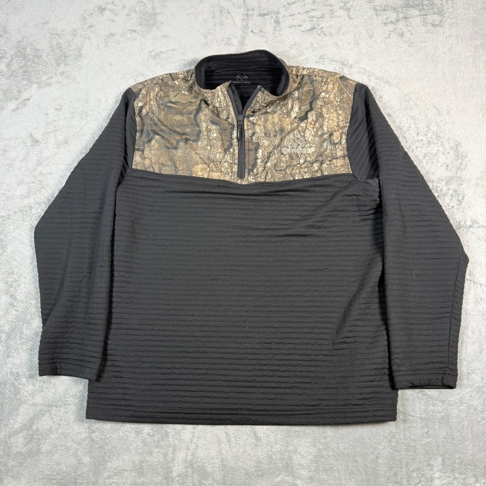 Realtree Mens XL Pullover 1/4 Zip Black Camo Ribbed Textured Activewear Top